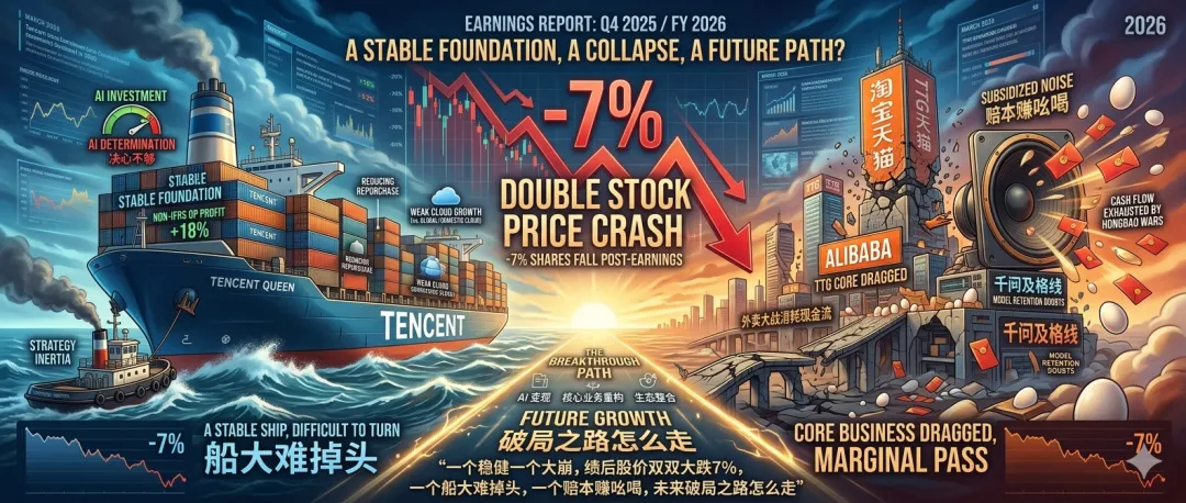 腾讯阿里财报发布，一个稳健一个大崩，绩后股价双双大跌7%；船大难掉头，赔本赚吆喝的状态什么时候能挺过去？
